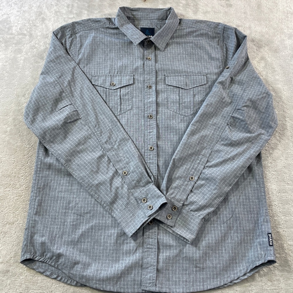 prAna Ascension Shirt  Mens XL Grey Button Hiking Camping Light  Flap Pockets